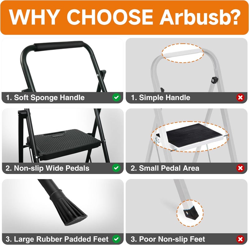Arbusb 2 Step Ladder, Protable Steel Folding Stool with Wide Anti-Slip Pedal, 500lbs Sturdy Steel Ladder, Black - Image 5